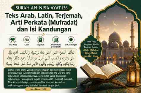 Surah An-Nisa Ayat 136 Teks Arab, latin, Terjemah, Arti Perkata (Mufradat) dan Isi Kandungan