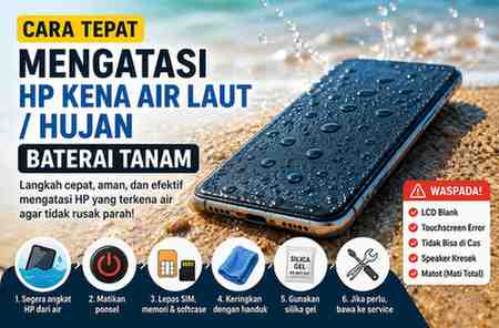 Cara Tepat Mengatasi HP Kena Air Laut Hujan Baterai Tanam