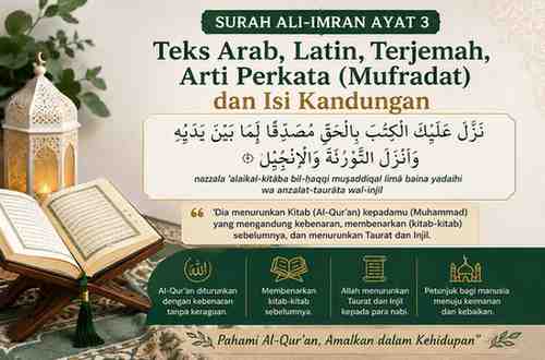 Surah Ali-Imran Ayat 3 Teks Arab, Latin, Terjemah, Arti Perkata (Mufradat) dan Isi Kandungan